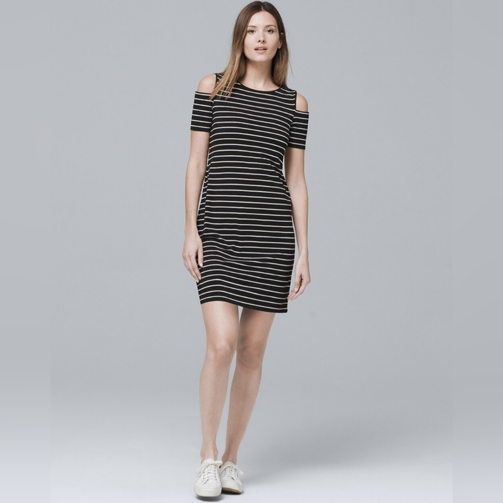 Whbm Cold Shoulder Stripe Knit Shift Dress Size: XS